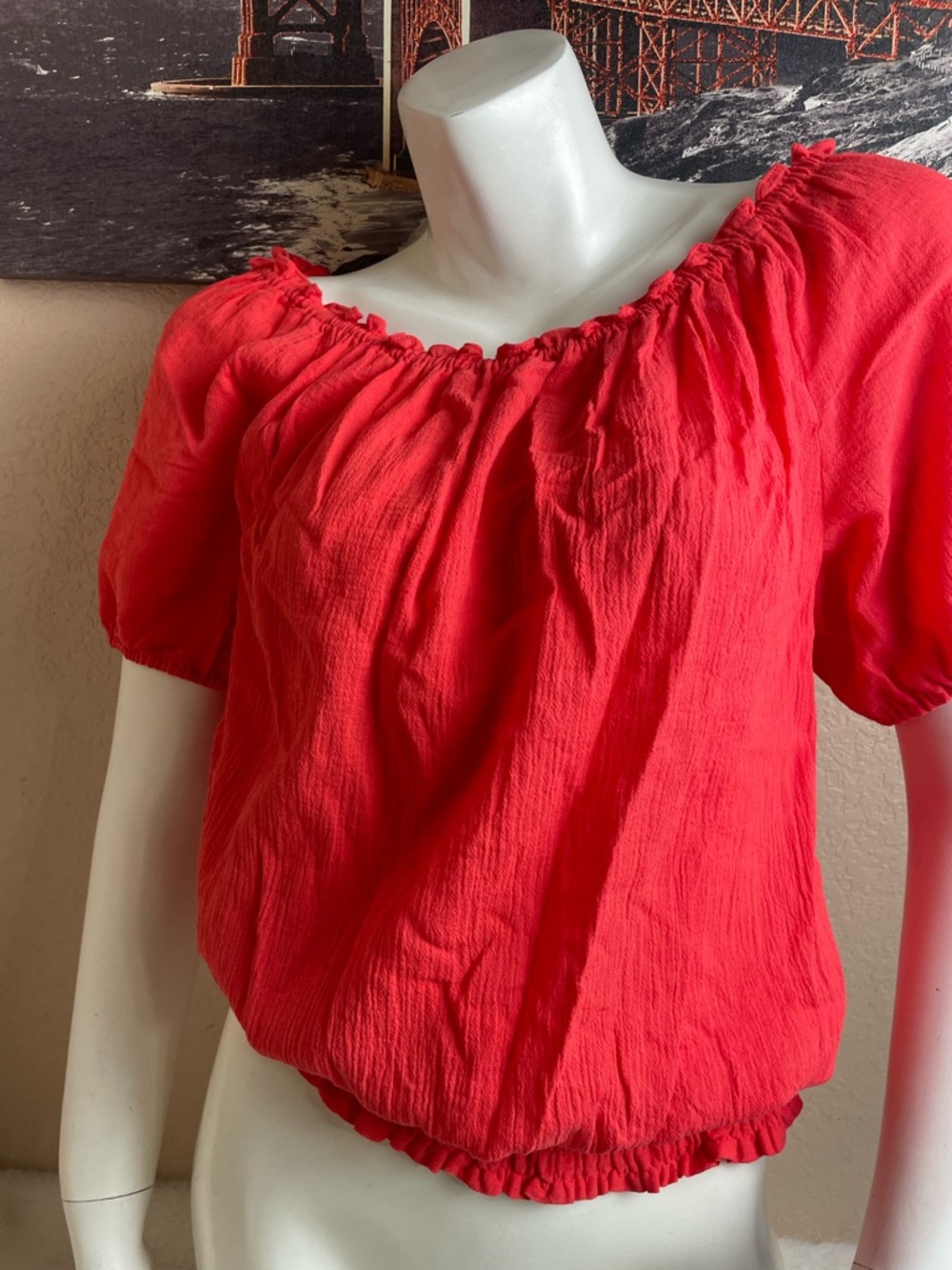 Michael Kors Red Peasant Top with Elastic Hem